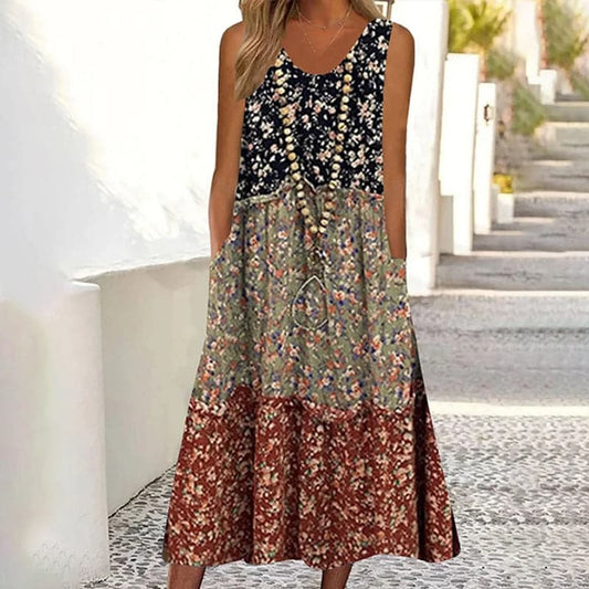 Klänning för dam - Ärmlös Boho-Stil - V-ringad Lös Passform - Blommigt Patchwork