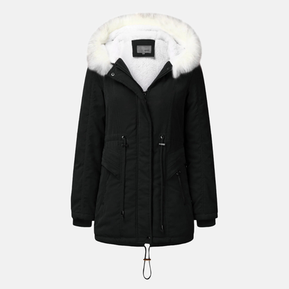 Damjacka – Mellanlång – Vadderad – Fleecefodrad – Dragsko i Midjan – Fuskpälsluva