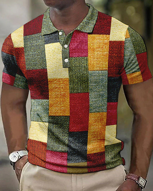 Herr Pikétröja – Slim Fit – Mjukt Stickat Material – Patchwork – Kort Ärma Casual