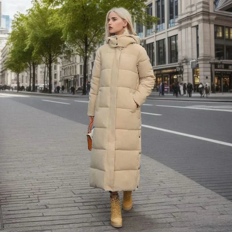 Vadderad trench coat i full längd med fickor för kvinnor