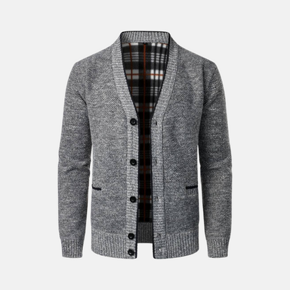 Herrkofta – Slim Fit – Stickad Ullblandning – V-ringning – Knäppning – Fickor
