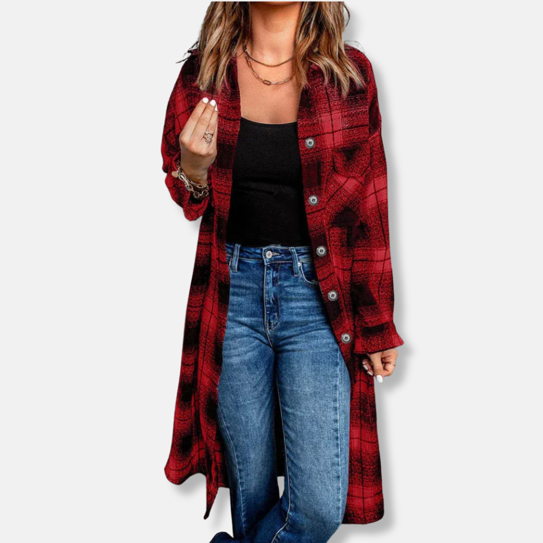 Dam Lång Cardigan Shacket – Oversize Passform – Rutigt Mönster – Knäppning – Bröstfickor