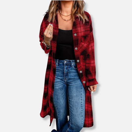 Dam Lång Cardigan Shacket – Oversize Passform – Rutigt Mönster – Knäppning – Bröstfickor