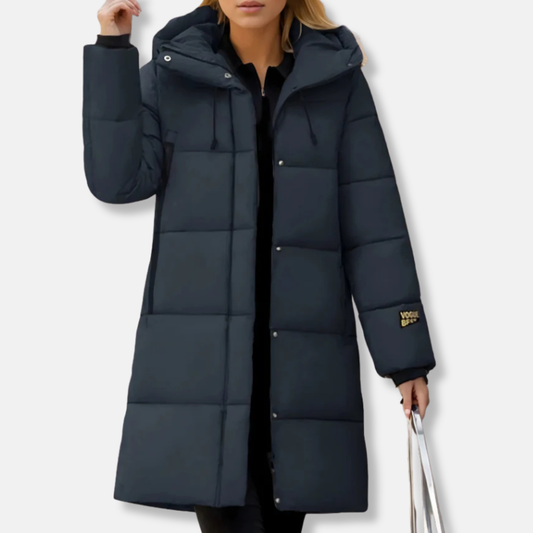 Dam Lång Pufferjacka – Quiltat Fodrat Tyg – Oversized Passform – Huva med Dragsko