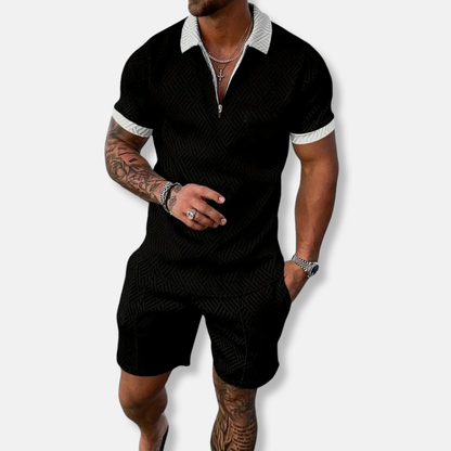 Herrset med Pikétröja och Shorts – Slim Fit – Andningsbar Struktur – Dragkedja