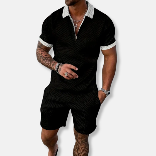 Herrset med Pikétröja och Shorts – Slim Fit – Andningsbar Struktur – Dragkedja