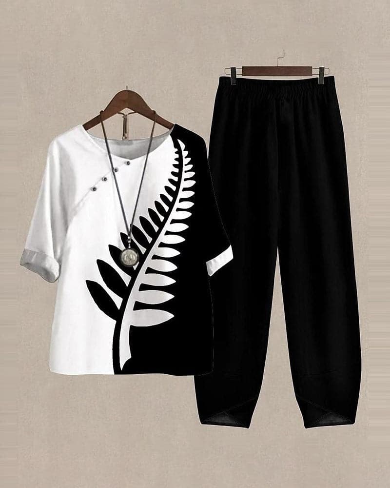 Damset – Lös Passform Topp med Bladtryck – Vida Byxor – Andningsbar Mix