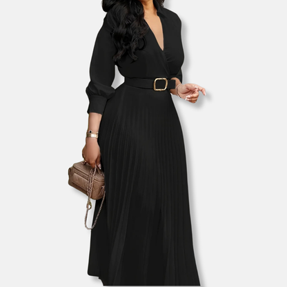 Damklänning Midi – A-linjeformad med Omlottdesign – Puffärm – Plisserad Kjol – Skärp i Midjan