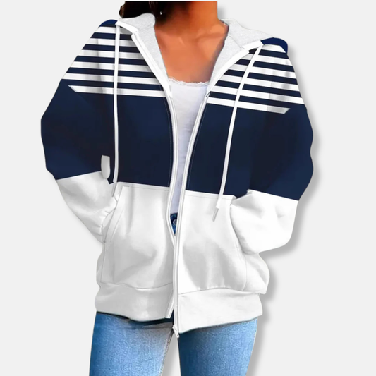 Damjacka med Huva – Oversized Passform – Randigt Mönster – Dragkedja – Fickor