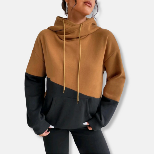 Dam Hoodie – Avslappnad Passform – Mjuk Stickad Kvalitet – Färgblock – Känguruficka