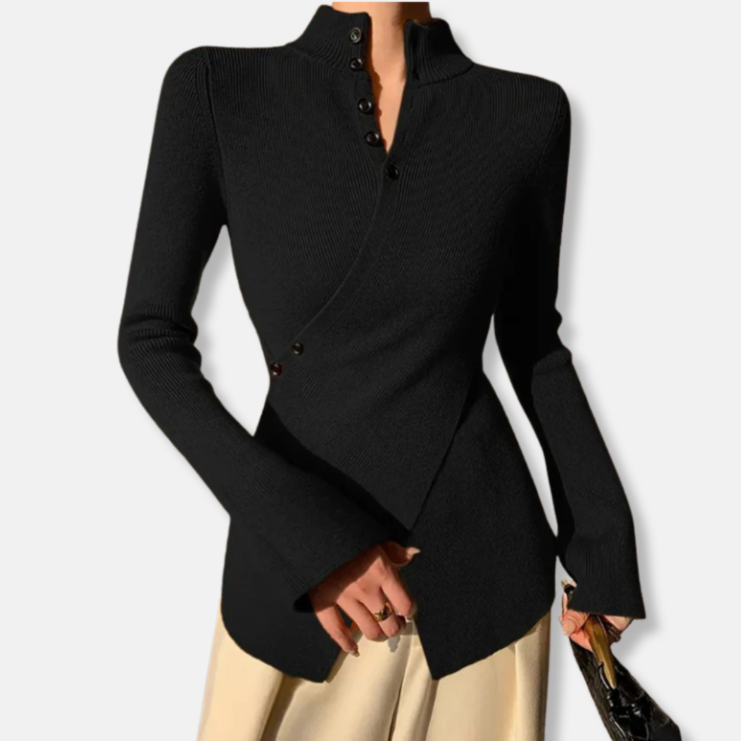 Damtop – Slim Fit – Hög Krage – Ribbstickad – Asymmetrisk Fåll – Långa Ärmar – Knappar