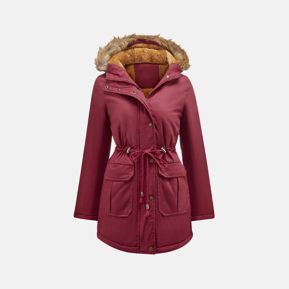 Damparkas – Fleecefodrad – Figursydd Passform – Huva med Fuskpäls – Medeldjup Längd