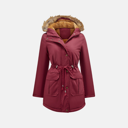 Damparkas – Fleecefodrad – Figursydd Passform – Huva med Fuskpäls – Medeldjup Längd