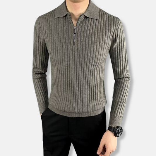Herrtröja – Slim Fit – Ribbad Struktur – Polokrage – Dragkedja – Lång ärm