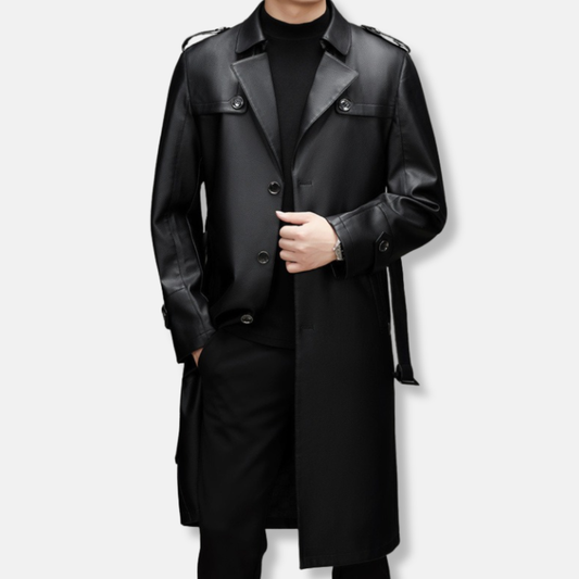 Herr Trenchcoat – Slim Fit – Läder – Enkelknäppt – Lång Modell – Klassiska Epåletter