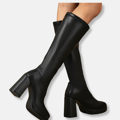 Damstövlar över Knä – Chunky Klack – Plattformssula – Smal Passform – Modern Stil