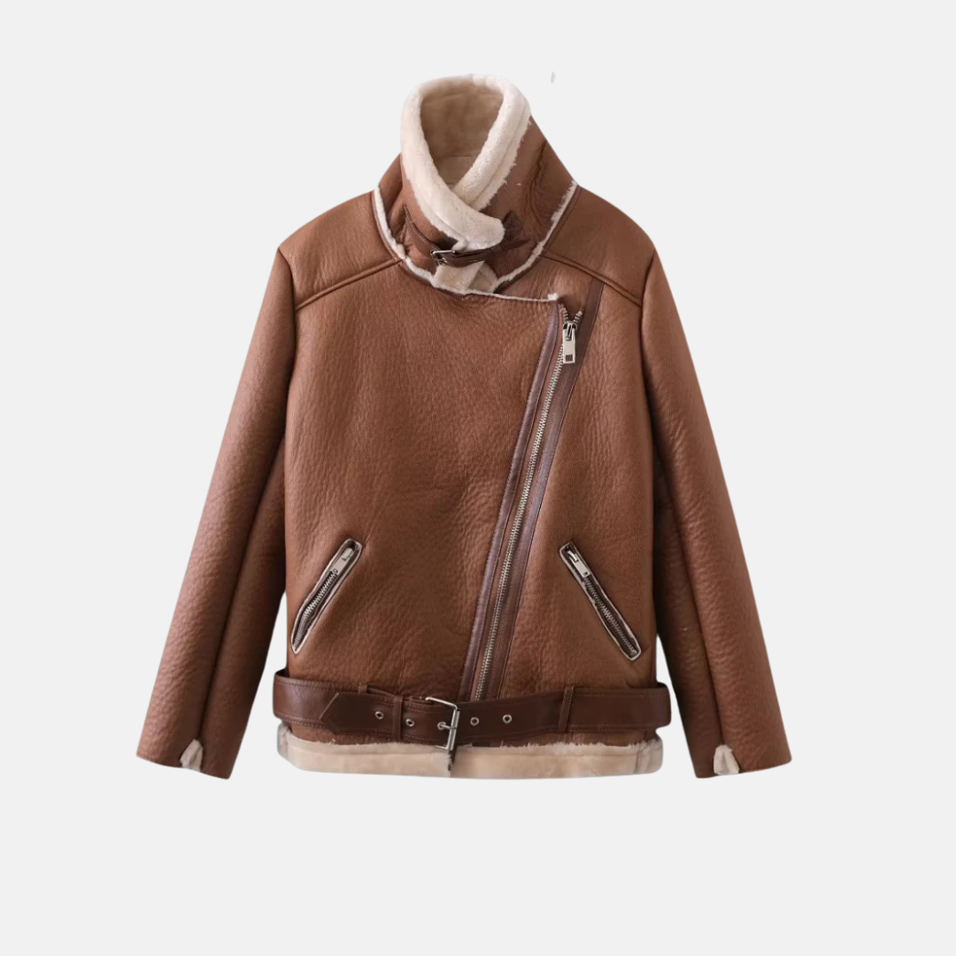 Damjacka Motorcykelmodell – Lös Passform – Fuskpälsfodrad – Asymmetrisk Dragkedja – Midjebälte