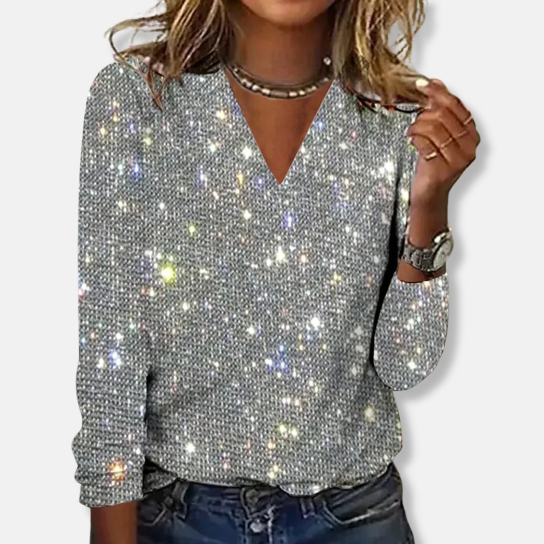Amelia Glittertopp V-ringad Avslappnad Passform | Lång Ärm Topp