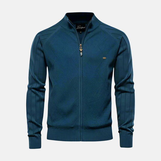 Herrjacka Stickad – Regular Fit – Strukturerad Textur – Hög Krage – Dragkedja