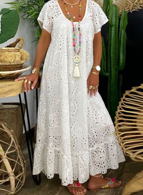 Damklänning maxi – Naturliga fibrer – Broderade detaljer – Avslappnad passform