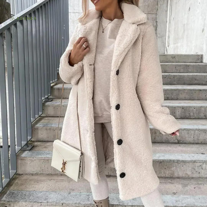 Damkappa - Oversized Teddyfodrad - Lång Modell med Knappstängning och Krage