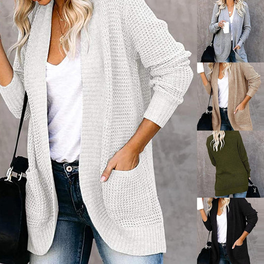 Kvinnors stickad cardigan – Öppen front – Lång ärm – Mjukt och texturerat material