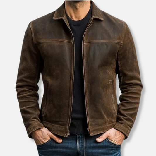 Herrjacka i Läder – Regular Fit – Pointed Krage – Dragkedja – Höftlängd