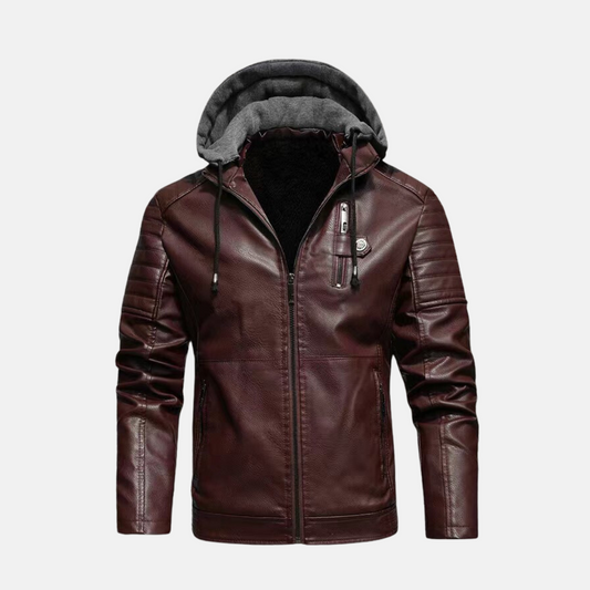 Herrjacka i Konstläder – Slim Fit – Huva – Quiltade Axlar – Dragkedjeförslutning