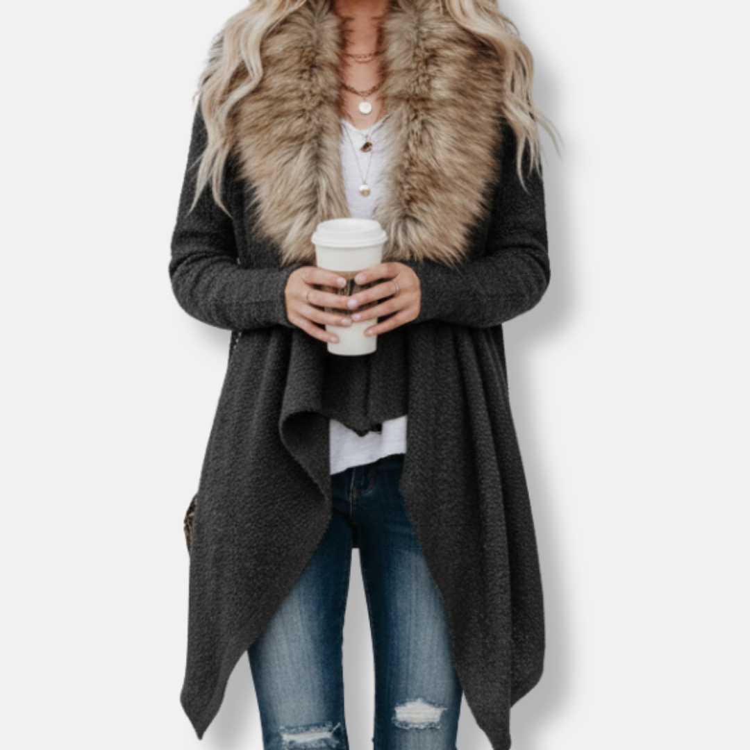 Damkavaj Kofta – Lös Passform – Stickat Tyg – Fuskpälskrage – Öppen Draperad Kant