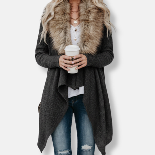 Damkavaj Kofta – Lös Passform – Stickat Tyg – Fuskpälskrage – Öppen Draperad Kant