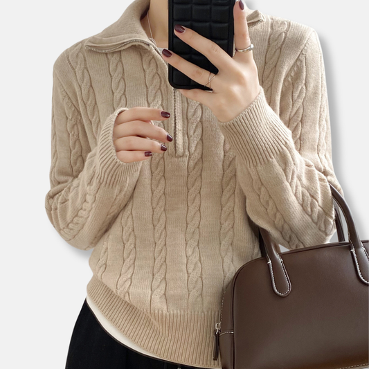 Damtröja med Halv Dragkedja – Cable Knit i Bomull – Avslappnad passform – Vardagsplagg