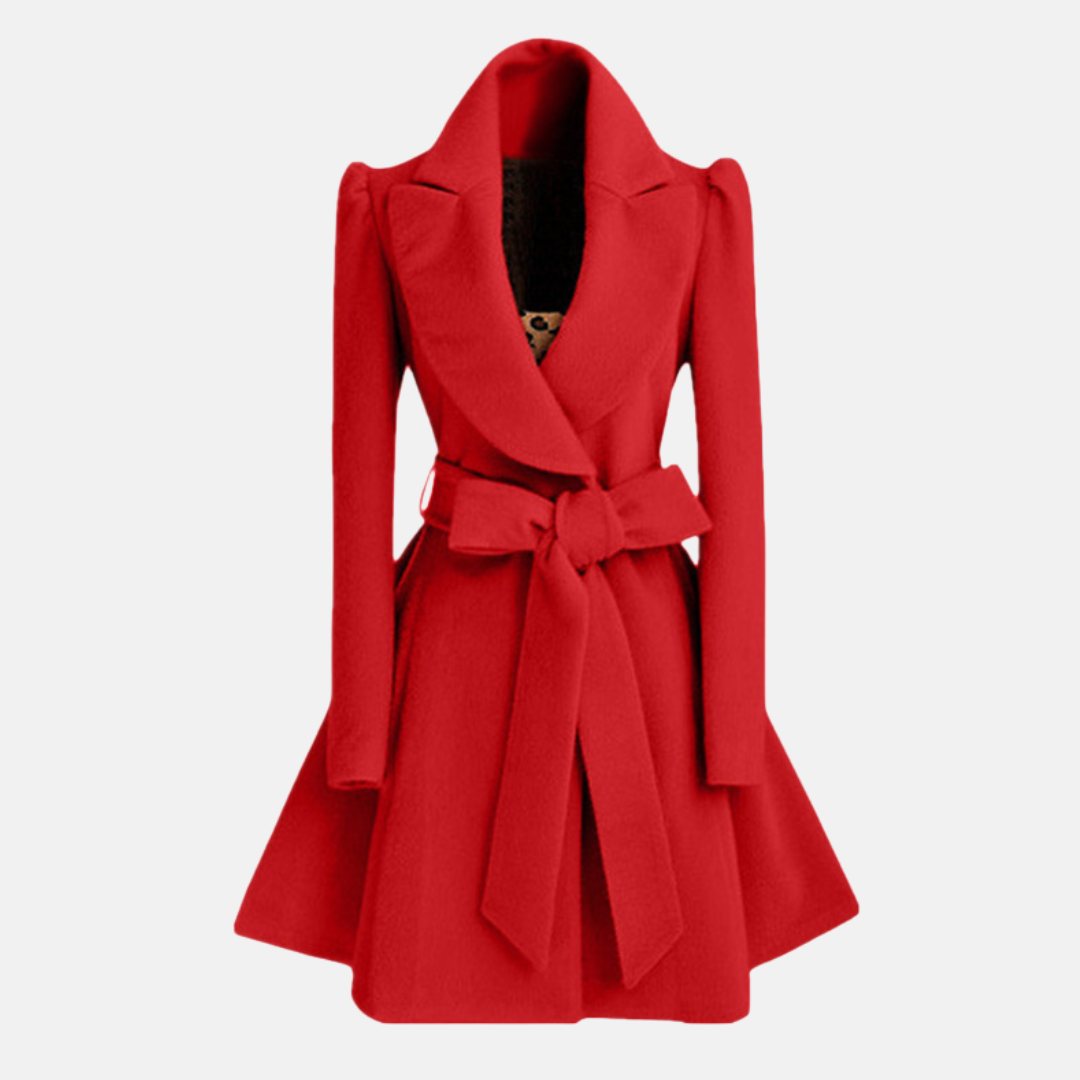 Damkappa – Slim Fit – Ullkänsla – Vidkragad – Midjebälte med Rosett – A-linjemodell