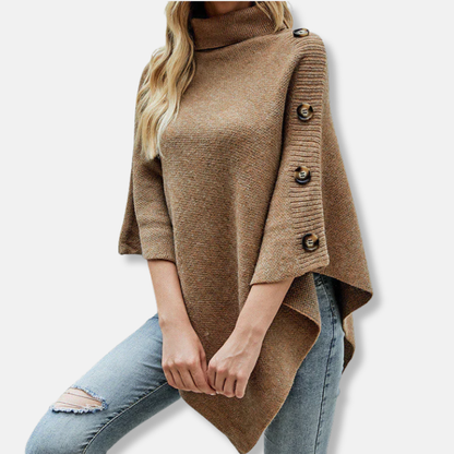 Dam Poncho – Stickad – Oversize Passform – Hög Ribbad Krage – Asymmetrisk Kant