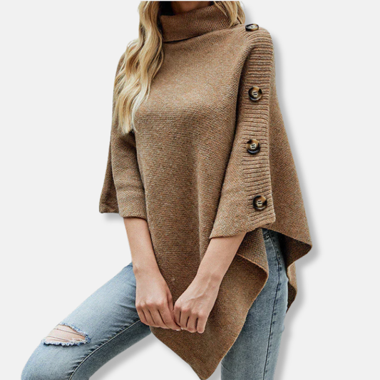 Dam Poncho – Stickad – Oversize Passform – Hög Ribbad Krage – Asymmetrisk Kant