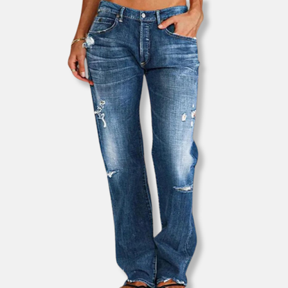 Damjeans – Hög Midja – Avslappnad Passform – Utsvängda Ben – Sliten Denim – Rå Kant