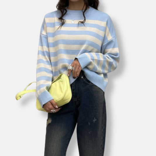 Damtröja – Lös Passform – Randigt Stickat Tyg – Ribbad Rund Hals och Muddar