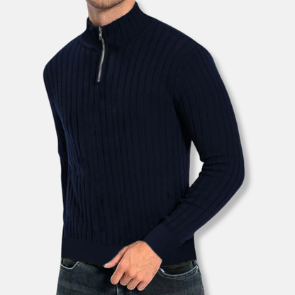 Herrtröja – Regular Fit – Ribbstickad Ullmix – Kvarts Dragkedja – Hög krage – Lång Ärm