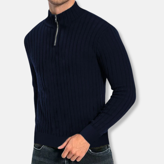 Herrtröja – Regular Fit – Ribbstickad Ullmix – Kvarts Dragkedja – Hög krage – Lång Ärm