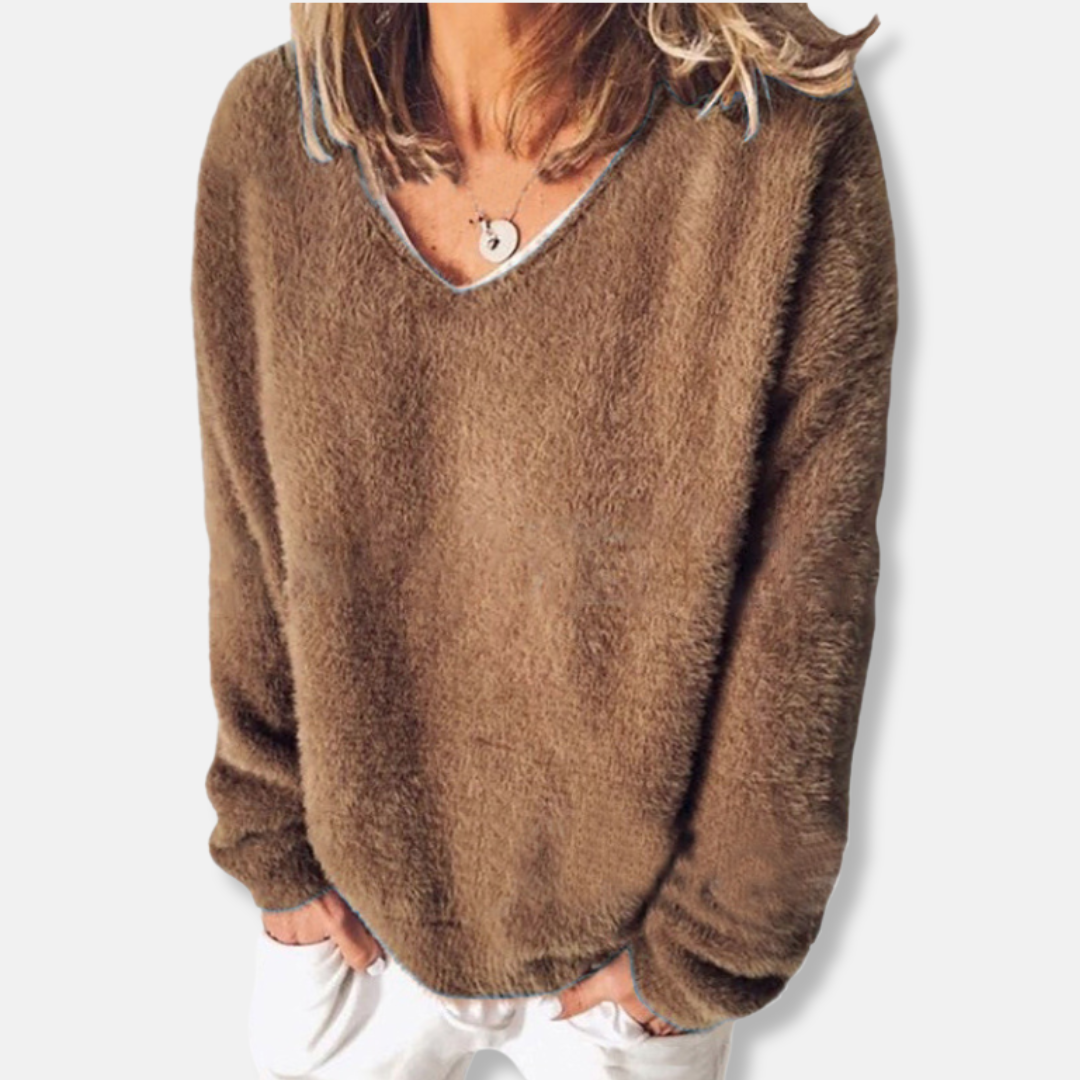 Damtröja med V-ringning – Avslappnad Passform – Mjuk Fluffig Textur – Lång ärm