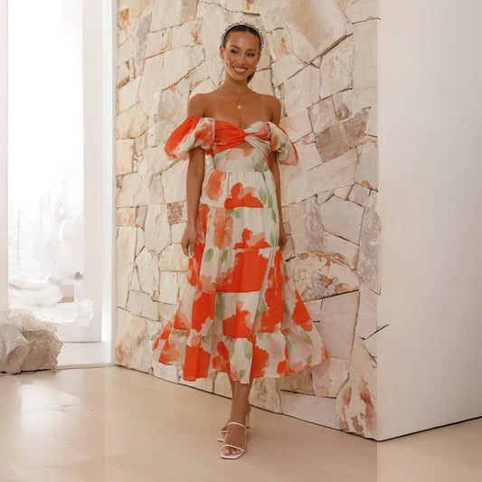 Damklänning - Off Shoulder - Puffärm - Blommigt Mönster - A-linje - Midi-Längd