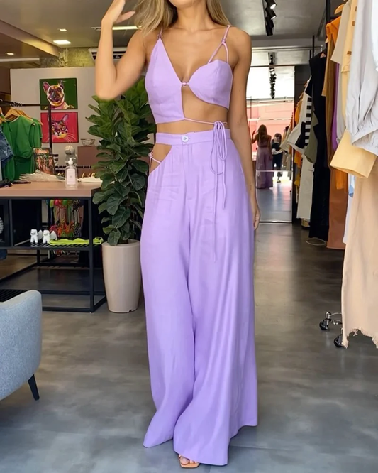 Dam Set – Crop Top med Utskärningar & Spagettiband – Vida Höga Byxor