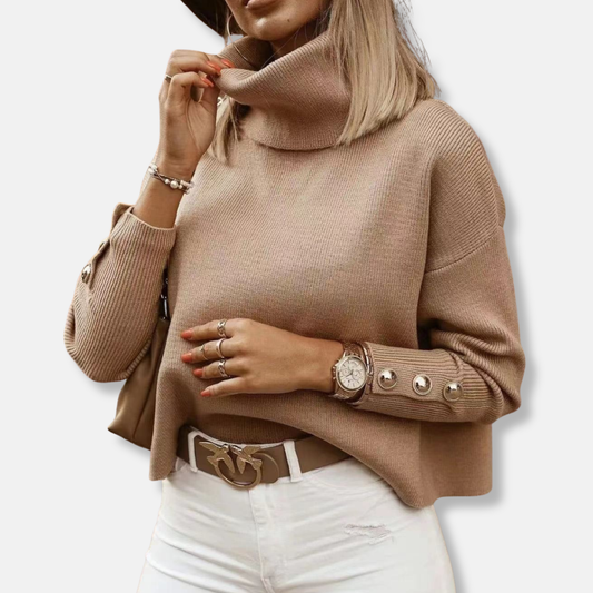 Damtröja med Turtleneck – Avslappnad Passform – Finstickad Ull – Knappdetaljer ärm