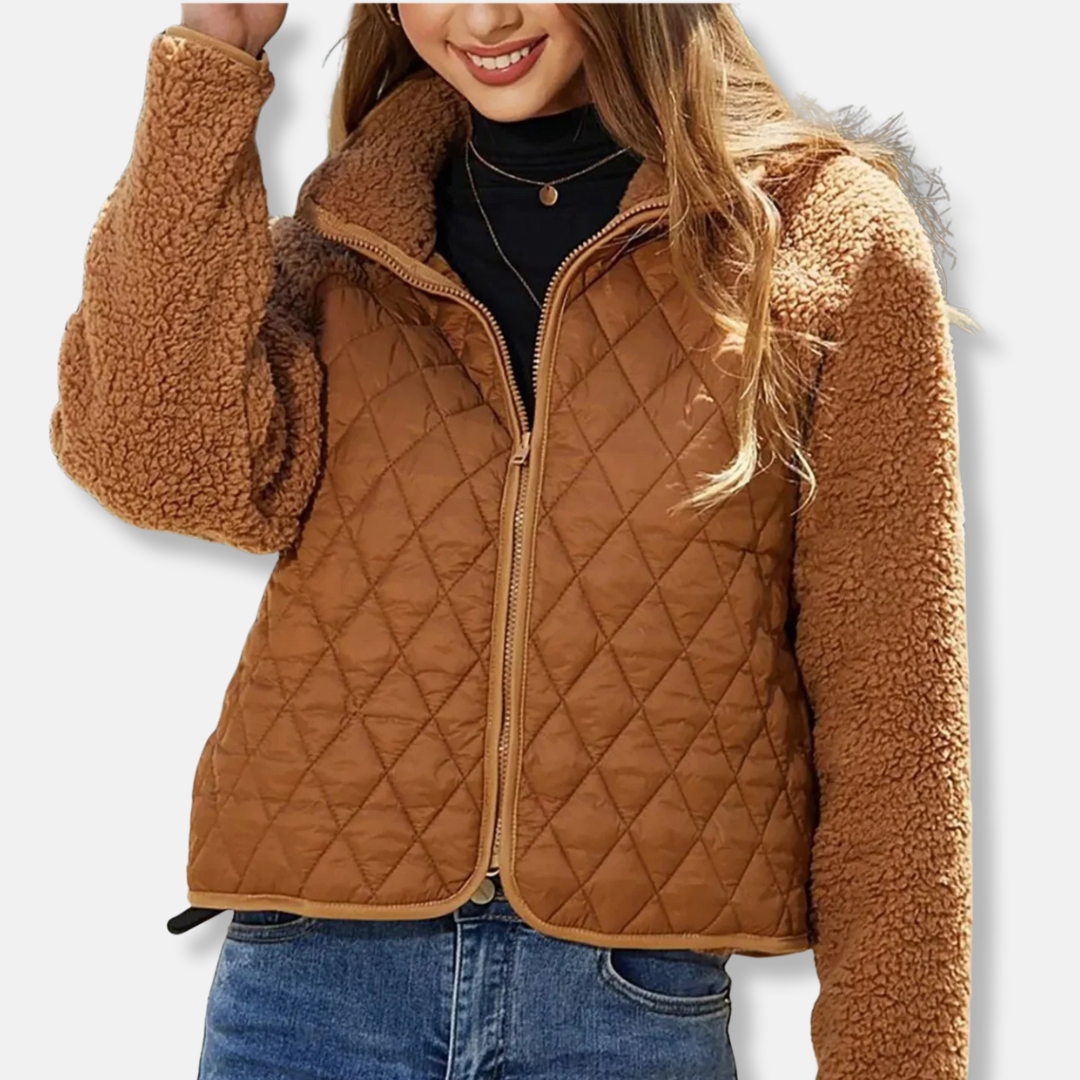 Damjacka – Quiltad med Sherpaärmar – Avslappnad Passform – Kort Skuren med Krage