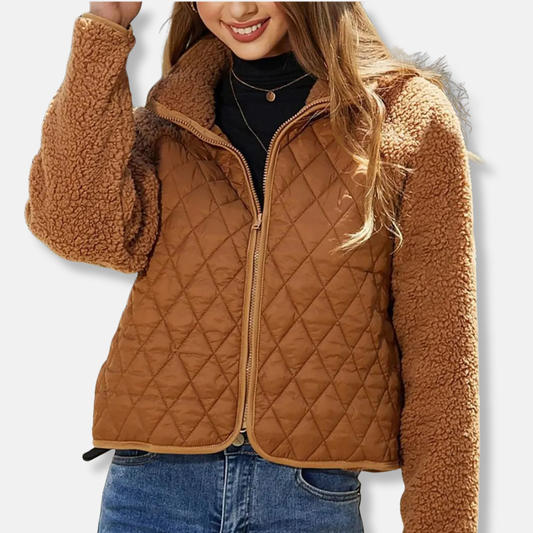 Damjacka – Quiltad med Sherpaärmar – Avslappnad Passform – Kort Skuren med Krage