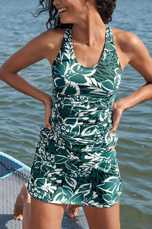 Dam Tankini Set – Slim Fit – Hög Hals – Breda Axelband – Blommigt Mönster – Andningsbart Tyg