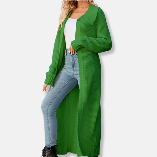 Dam Lång Cardigan – Stickad  – Lös Passform – Öppen Front – Bred Krage – Ribbmuddar