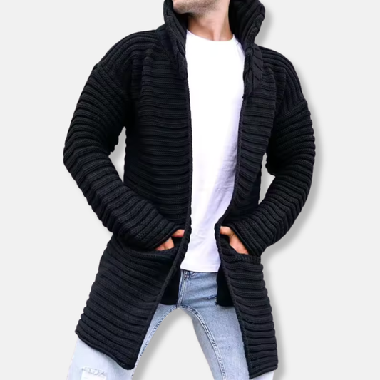 Herrkofta – Ullstickad med Ribbstruktur – Turtleneck – Lång Modell – Öppen Front