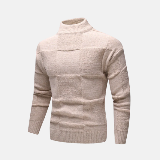 Herrtröja – Slim Fit – Ullblandning – Halvhög Krage – Rutmönstrad Struktur