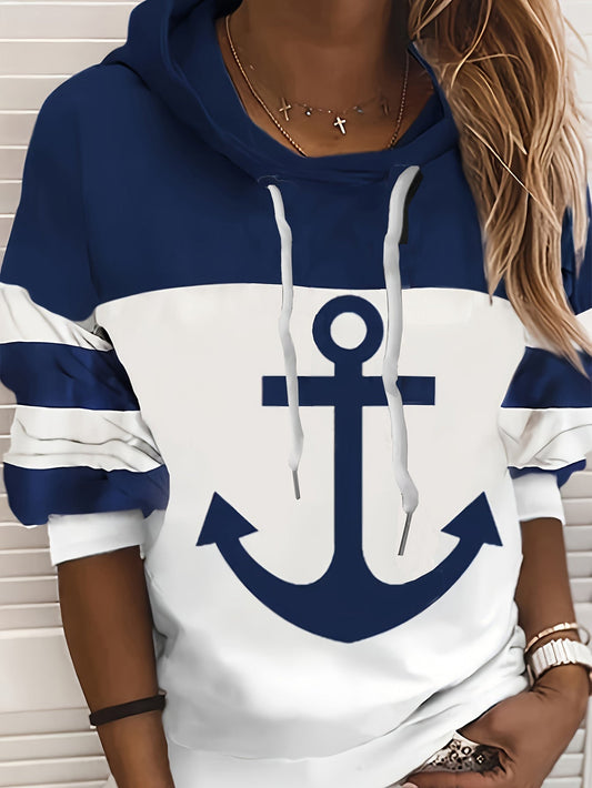 Dam Hoodie – Avslappnad Passform – Bomullskänsla – Ankarmotiv – Färgblock – Randiga Ärmar