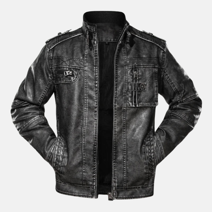 Herrjacka i Läder – Slim Fit – Tvättad Distressed Finish – Flera Fickor – Resårdetaljer